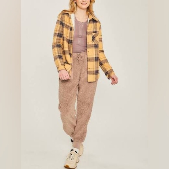 Outerwear Plaid Jacket Shacket Cabincore Brown Yellow Long Sleeve Button Down L - Picture 1 of 5